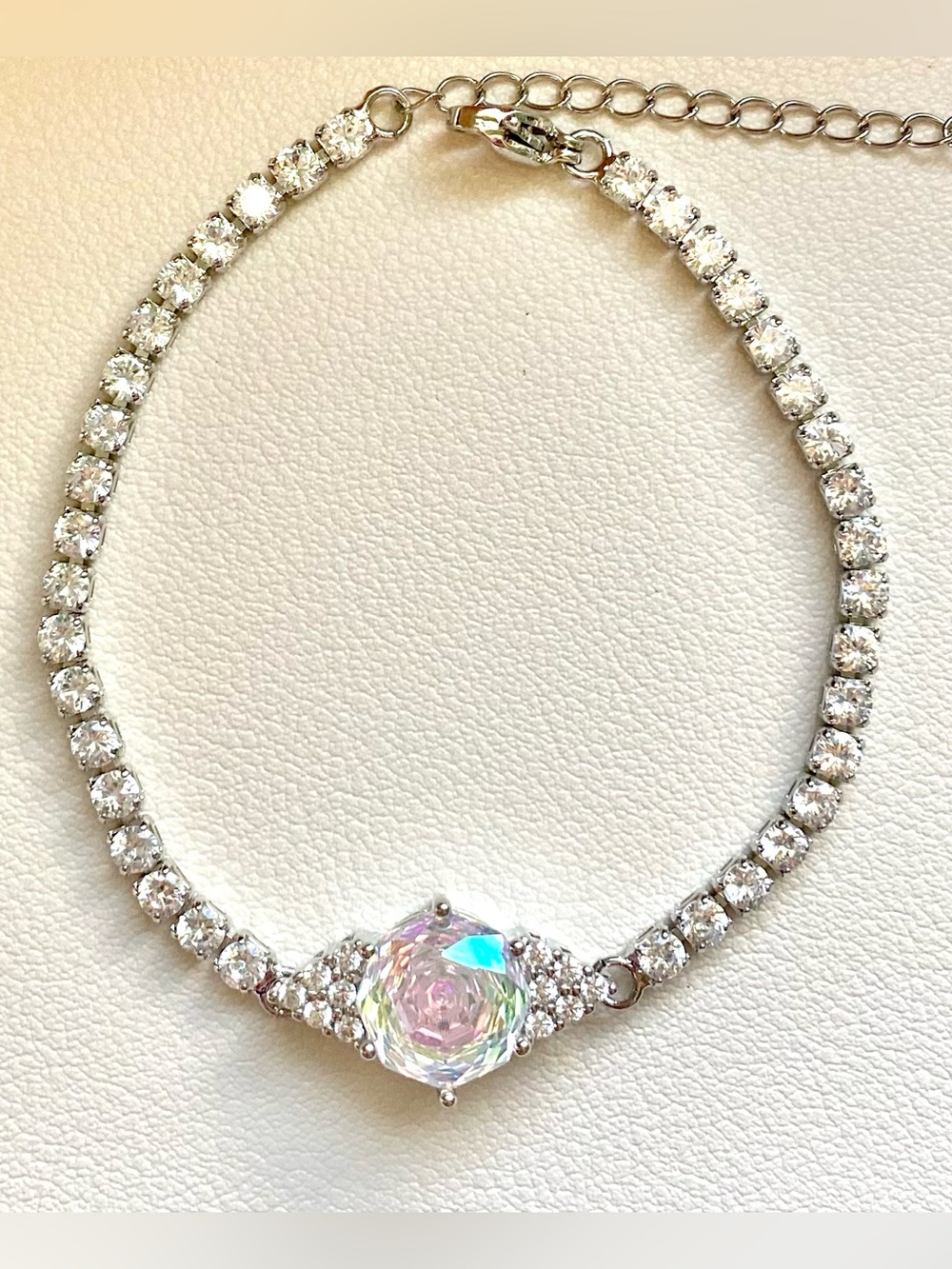 Crystal Tennis Bracelet with Iridescent Center Stone - White/Silver